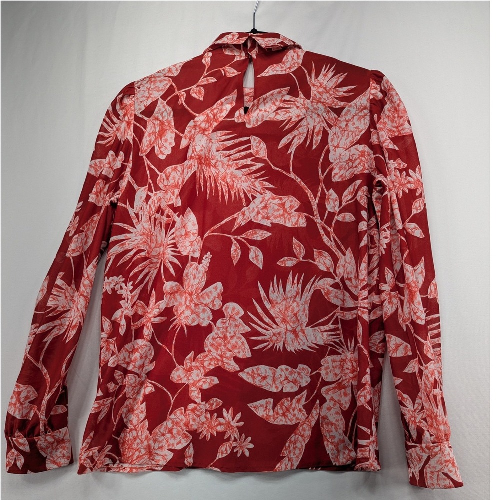 Red White Tropical Floral High Neck‎ Pleated Front Blouse Long Sleeve Small - Picture 2 of 7